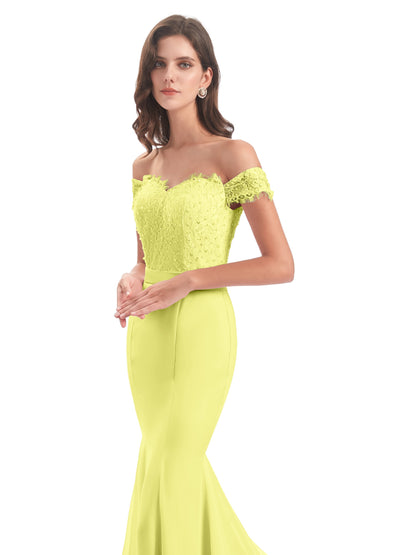 Carlee Hourglass Court Train Off The Shoulder Lace Bridesmaid Dresses