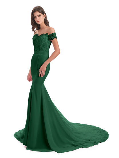 Carlee Hourglass Court Train Off The Shoulder Lace Bridesmaid Dresses
