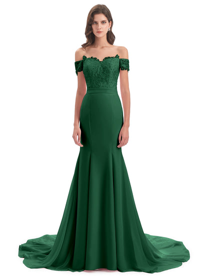 Carlee Hourglass Court Train Off The Shoulder Lace Bridesmaid Dresses
