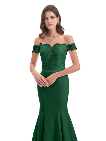 Carlee Hourglass Court Train Off The Shoulder Lace Bridesmaid Dresses