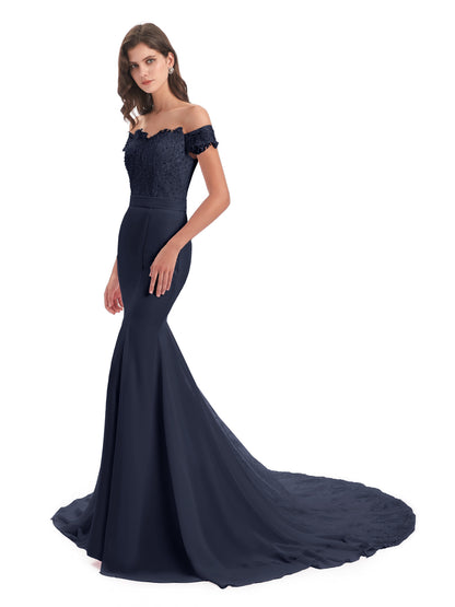 Carlee Hourglass Court Train Off The Shoulder Lace Bridesmaid Dresses