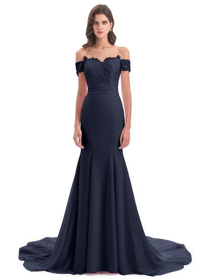 Carlee Hourglass Court Train Off The Shoulder Lace Bridesmaid Dresses