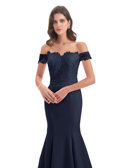 Carlee Hourglass Court Train Off The Shoulder Lace Bridesmaid Dresses