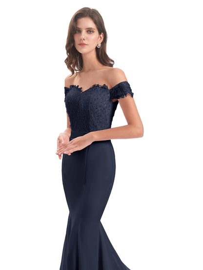 Carlee Hourglass Court Train Off The Shoulder Lace Bridesmaid Dresses