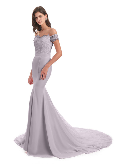 Carlee Hourglass Court Train Off The Shoulder Lace Bridesmaid Dresses