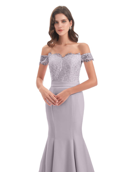 Carlee Hourglass Court Train Off The Shoulder Lace Bridesmaid Dresses