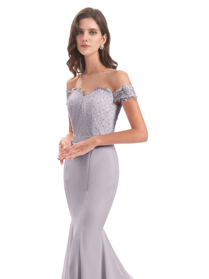 Carlee Hourglass Court Train Off The Shoulder Lace Bridesmaid Dresses