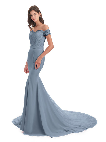 Carlee Hourglass Court Train Off The Shoulder Lace Bridesmaid Dresses