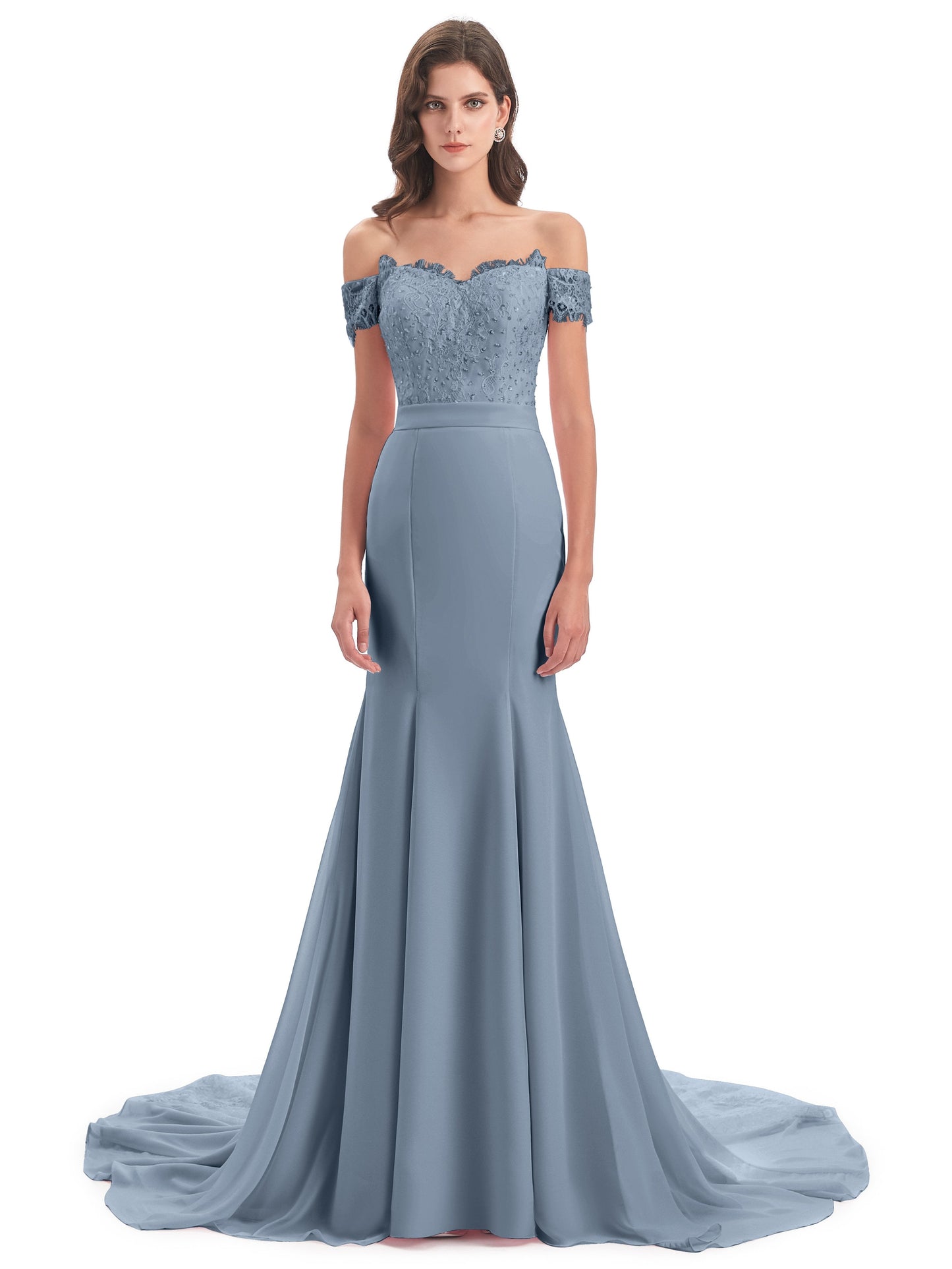 Carlee Hourglass Court Train Off The Shoulder Lace Bridesmaid Dresses