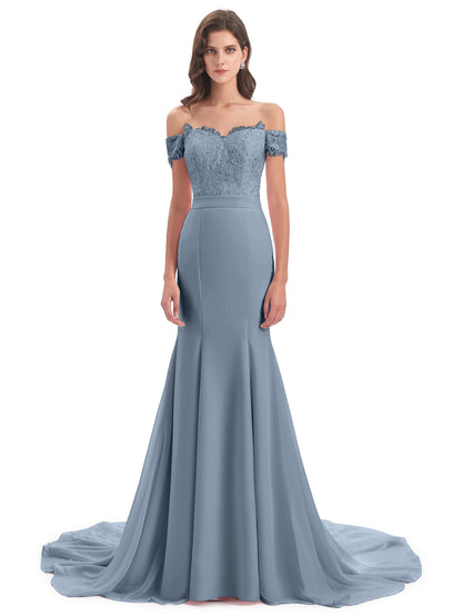 Carlee Hourglass Court Train Off The Shoulder Lace Bridesmaid Dresses