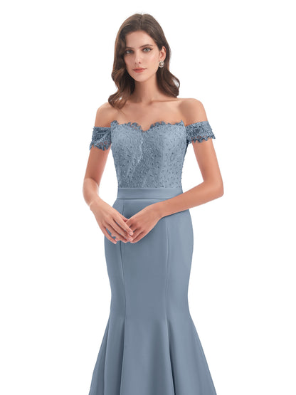 Carlee Hourglass Court Train Off The Shoulder Lace Bridesmaid Dresses