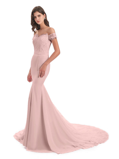 Carlee Hourglass Court Train Off The Shoulder Lace Bridesmaid Dresses