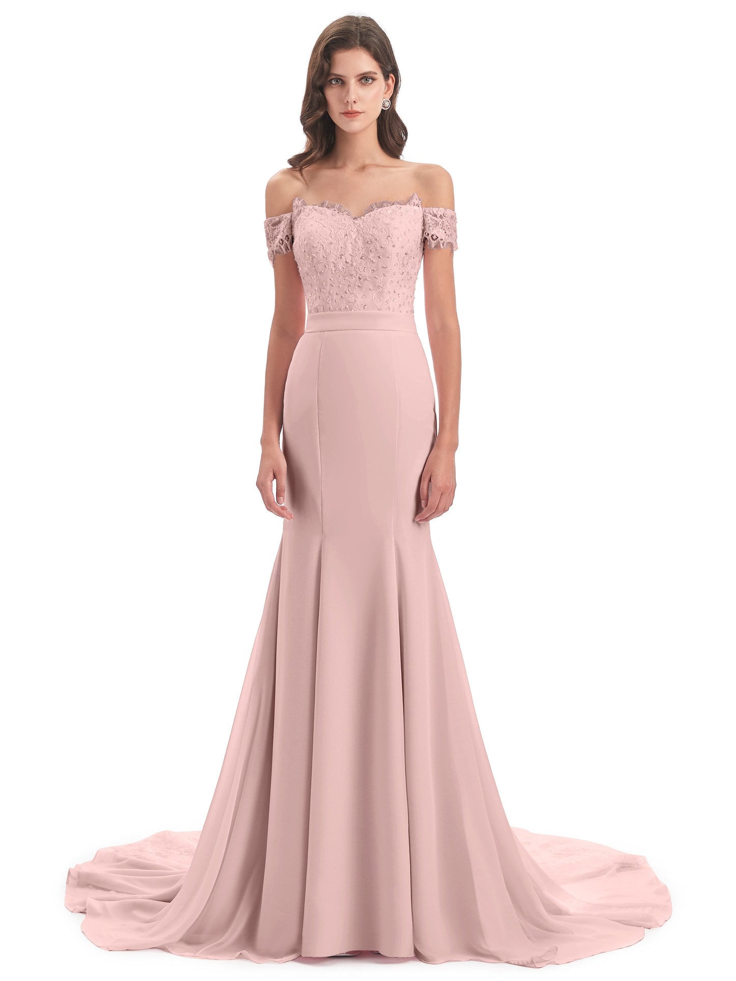 Carlee Hourglass Court Train Off The Shoulder Lace Bridesmaid Dresses