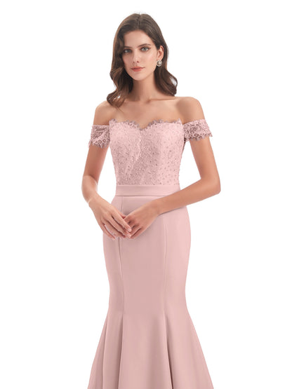 Carlee Hourglass Court Train Off The Shoulder Lace Bridesmaid Dresses
