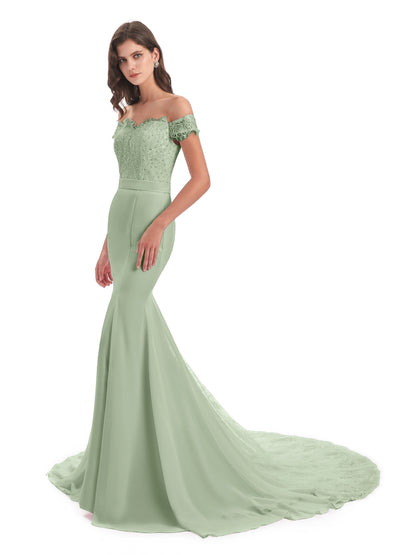 Carlee Hourglass Court Train Off The Shoulder Lace Bridesmaid Dresses
