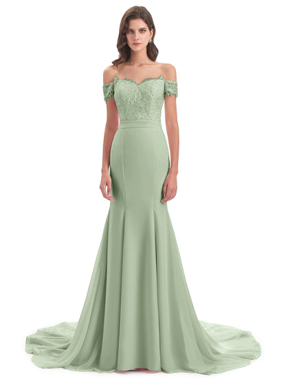 Carlee Hourglass Court Train Off The Shoulder Lace Bridesmaid Dresses