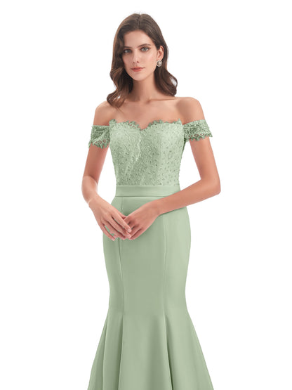 Carlee Hourglass Court Train Off The Shoulder Lace Bridesmaid Dresses