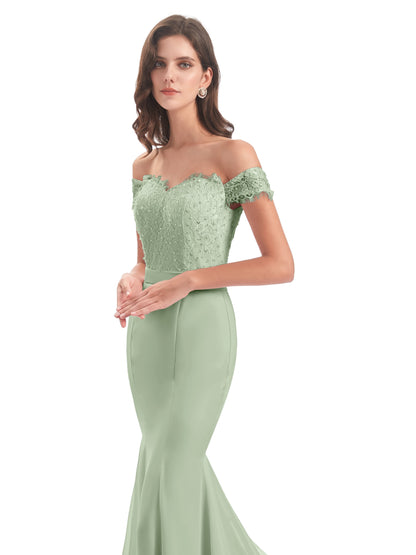 Carlee Hourglass Court Train Off The Shoulder Lace Bridesmaid Dresses