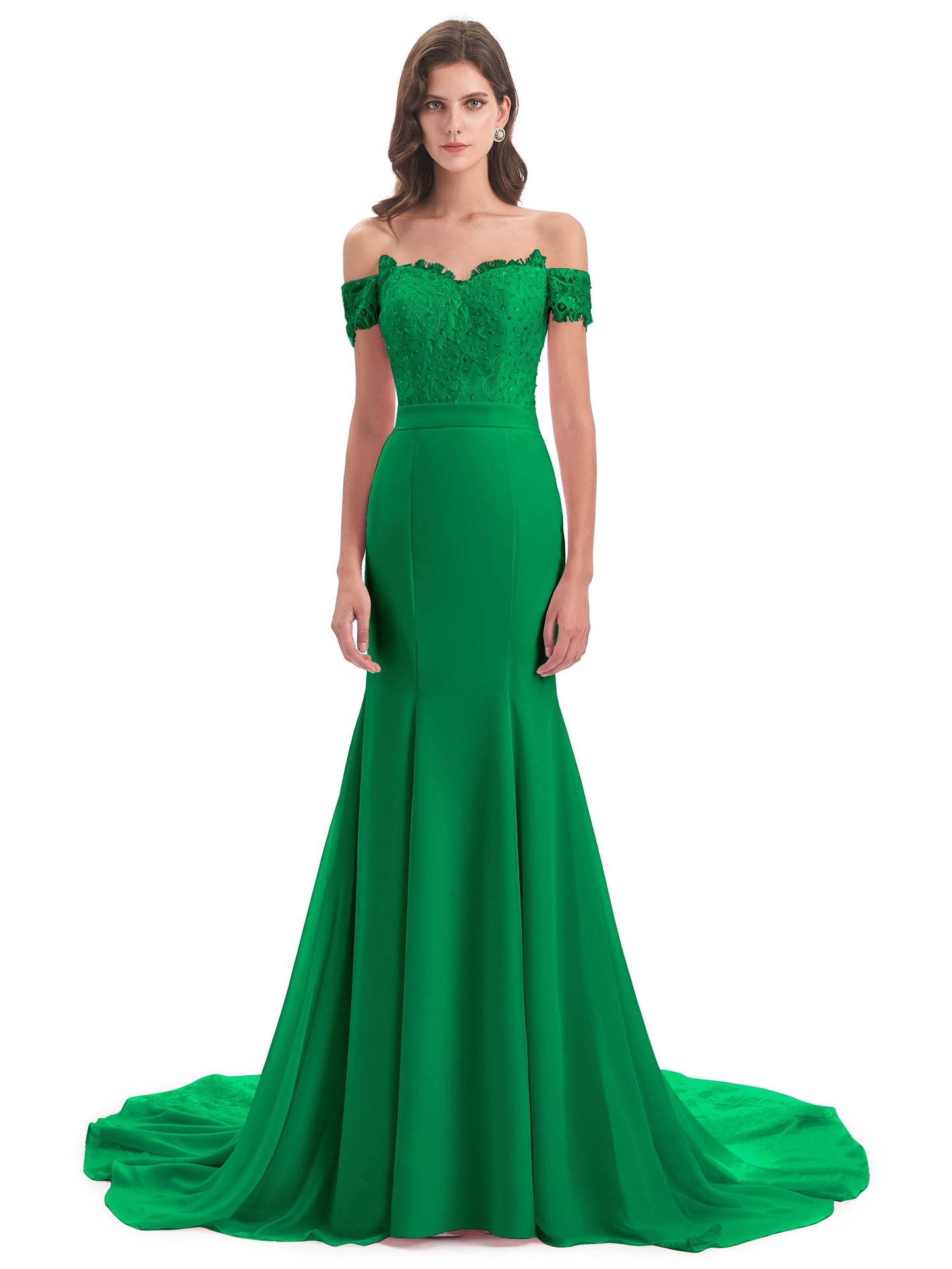 Carlee Hourglass Court Train Off The Shoulder Lace Bridesmaid Dresses