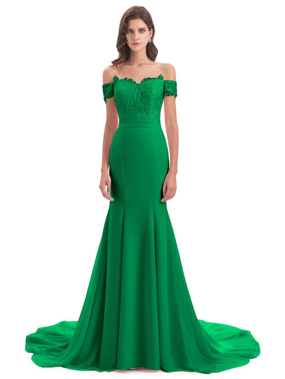 Carlee Hourglass Court Train Off The Shoulder Lace Bridesmaid Dresses