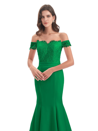 Carlee Hourglass Court Train Off The Shoulder Lace Bridesmaid Dresses