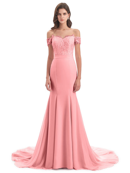 Carlee Hourglass Court Train Off The Shoulder Lace Bridesmaid Dresses