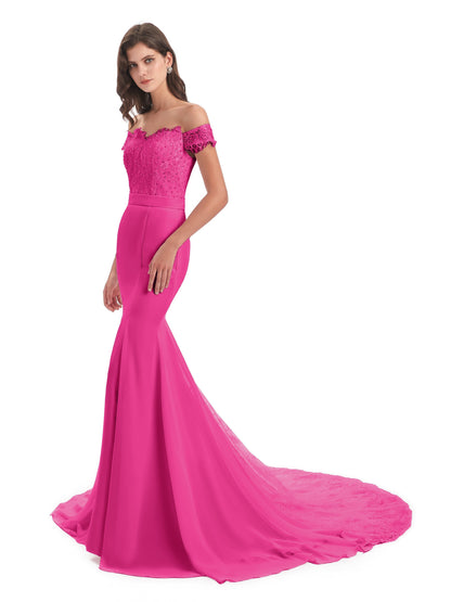 Carlee Hourglass Court Train Off The Shoulder Lace Bridesmaid Dresses