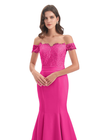 Carlee Hourglass Court Train Off The Shoulder Lace Bridesmaid Dresses