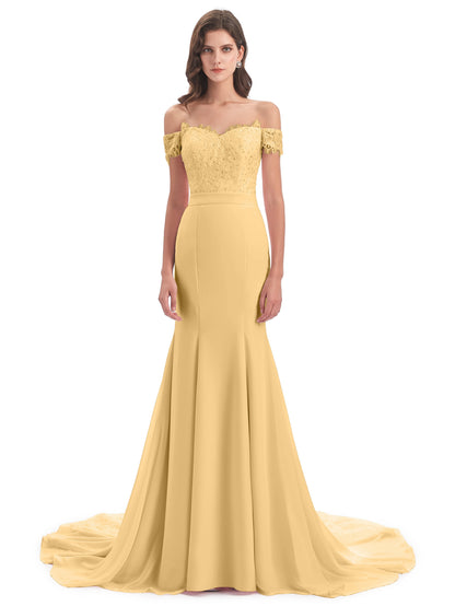 Carlee Hourglass Court Train Off The Shoulder Lace Bridesmaid Dresses