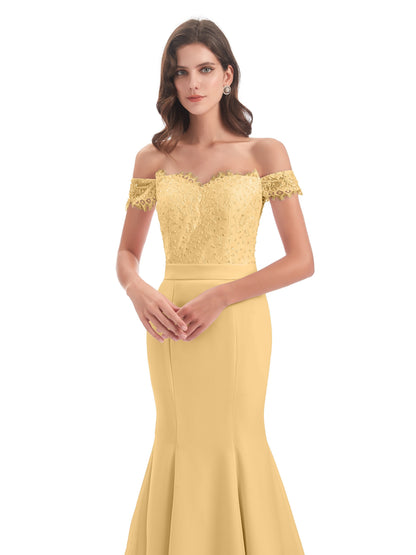 Carlee Hourglass Court Train Off The Shoulder Lace Bridesmaid Dresses