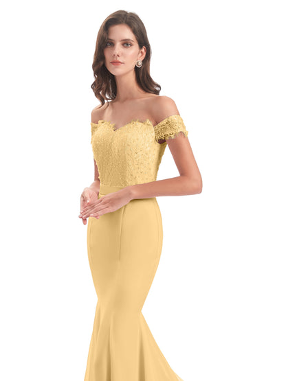 Carlee Hourglass Court Train Off The Shoulder Lace Bridesmaid Dresses