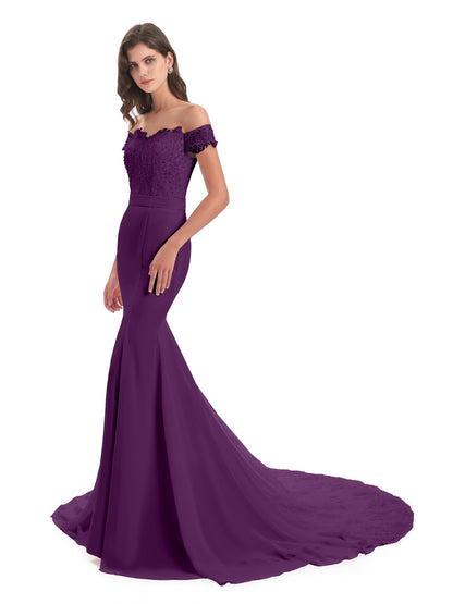 Carlee Hourglass Court Train Off The Shoulder Lace Bridesmaid Dresses