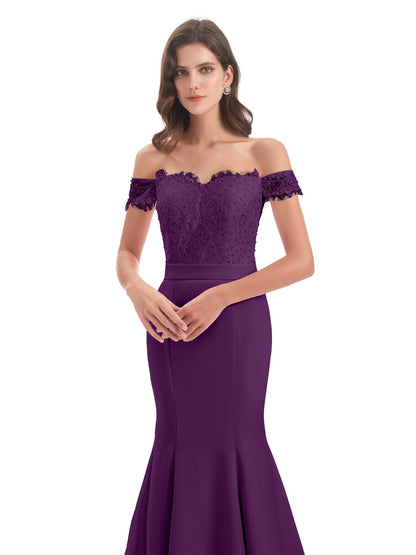 Carlee Hourglass Court Train Off The Shoulder Lace Bridesmaid Dresses
