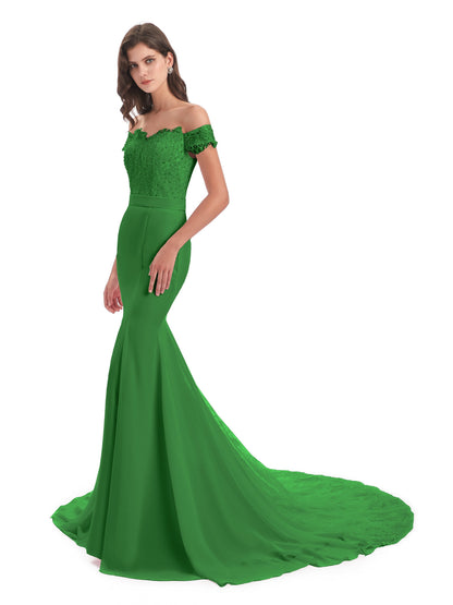 Carlee Hourglass Court Train Off The Shoulder Lace Bridesmaid Dresses