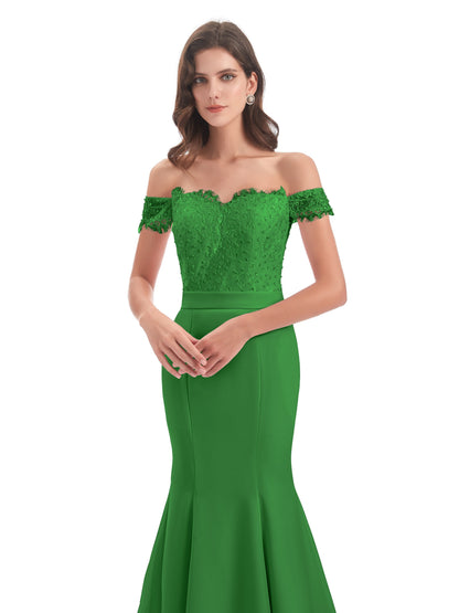 Carlee Hourglass Court Train Off The Shoulder Lace Bridesmaid Dresses