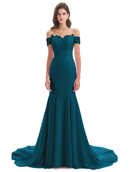Carlee Hourglass Court Train Off The Shoulder Lace Bridesmaid Dresses