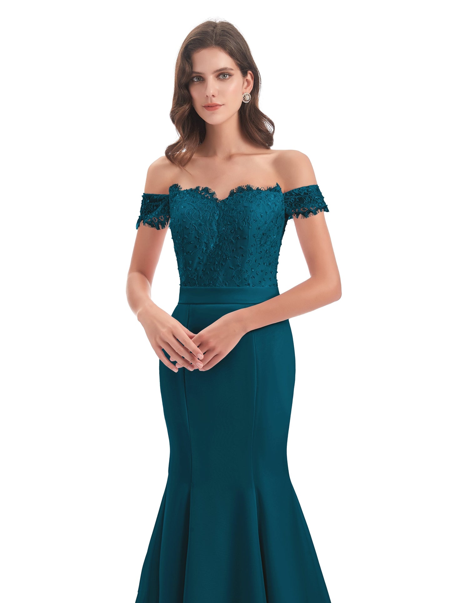 Carlee Hourglass Court Train Off The Shoulder Lace Bridesmaid Dresses