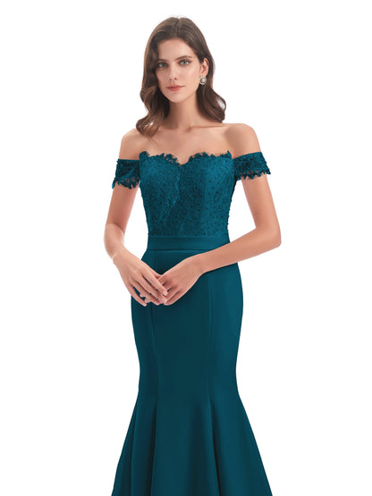 Carlee Hourglass Court Train Off The Shoulder Lace Bridesmaid Dresses