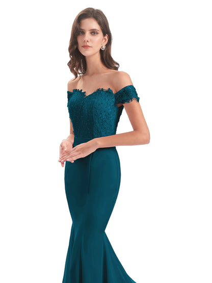 Carlee Hourglass Court Train Off The Shoulder Lace Bridesmaid Dresses