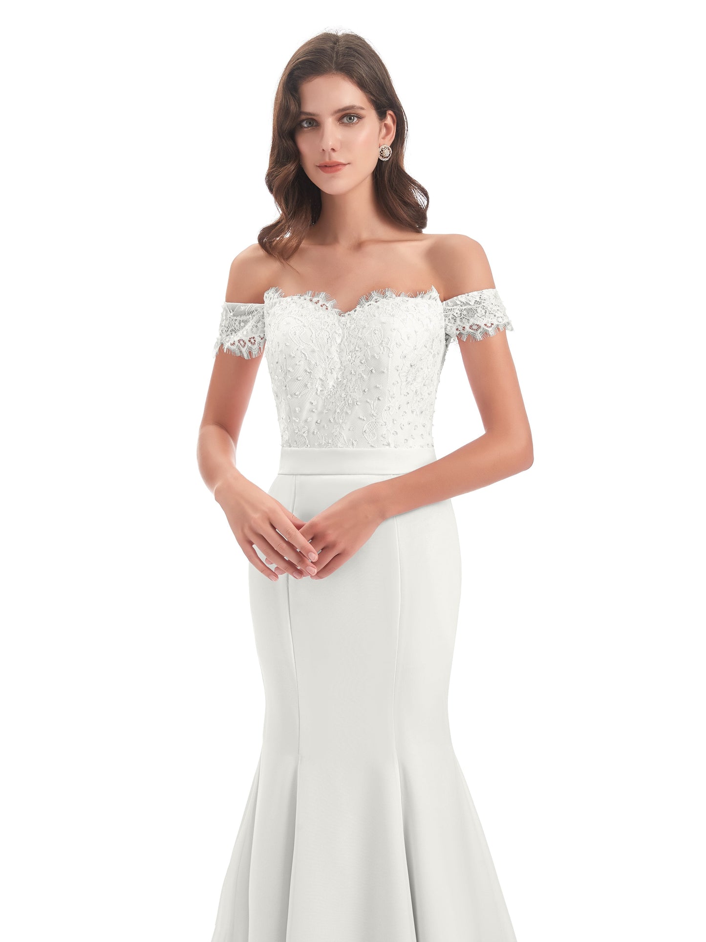 Carlee Hourglass Court Train Off The Shoulder Lace Bridesmaid Dresses