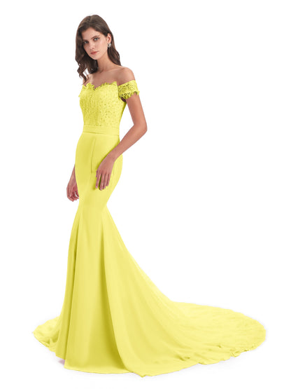 Carlee Hourglass Court Train Off The Shoulder Lace Bridesmaid Dresses