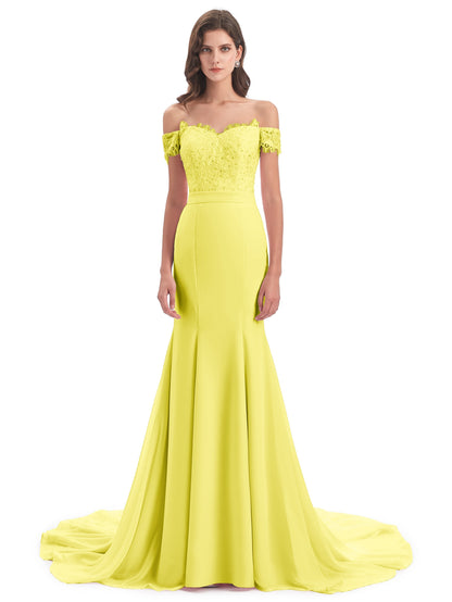 Carlee Hourglass Court Train Off The Shoulder Lace Bridesmaid Dresses
