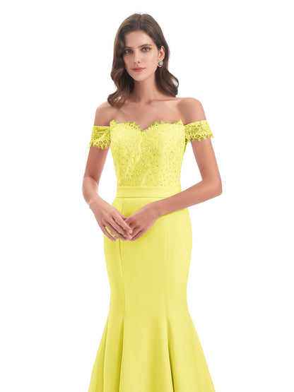 Carlee Hourglass Court Train Off The Shoulder Lace Bridesmaid Dresses