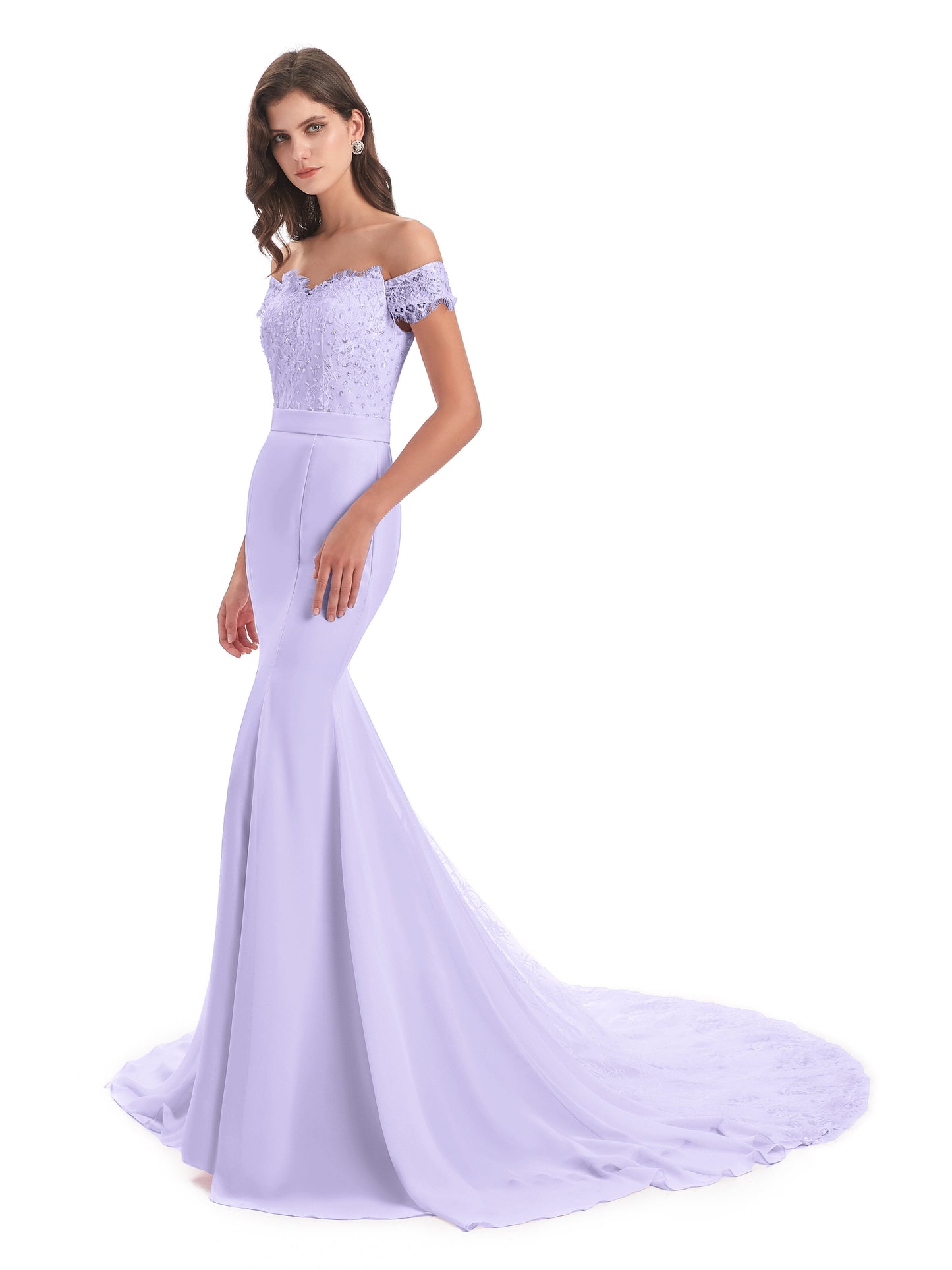 Carlee Hourglass Court Train Off The Shoulder Lace Bridesmaid Dresses