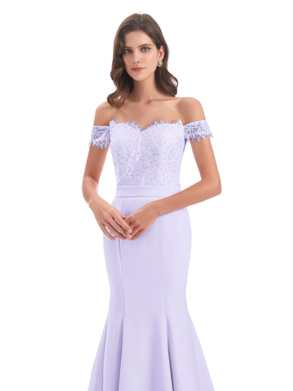Carlee Hourglass Court Train Off The Shoulder Lace Bridesmaid Dresses