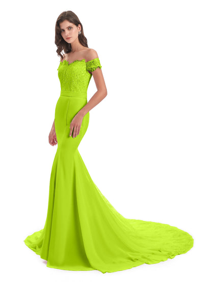 Carlee Hourglass Court Train Off The Shoulder Lace Bridesmaid Dresses