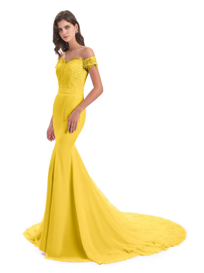 Carlee Hourglass Court Train Off The Shoulder Lace Bridesmaid Dresses