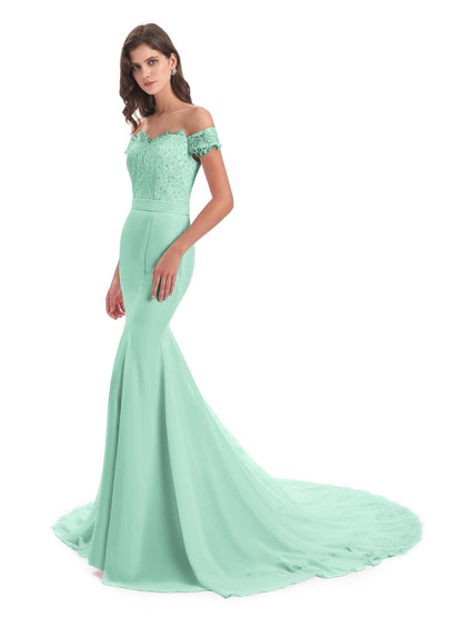 Carlee Hourglass Court Train Off The Shoulder Lace Bridesmaid Dresses