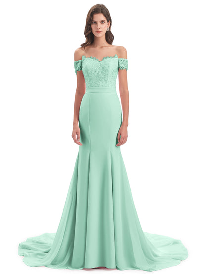 Carlee Hourglass Court Train Off The Shoulder Lace Bridesmaid Dresses