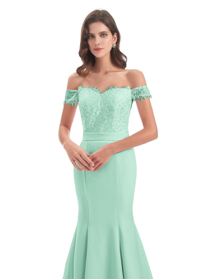 Carlee Hourglass Court Train Off The Shoulder Lace Bridesmaid Dresses